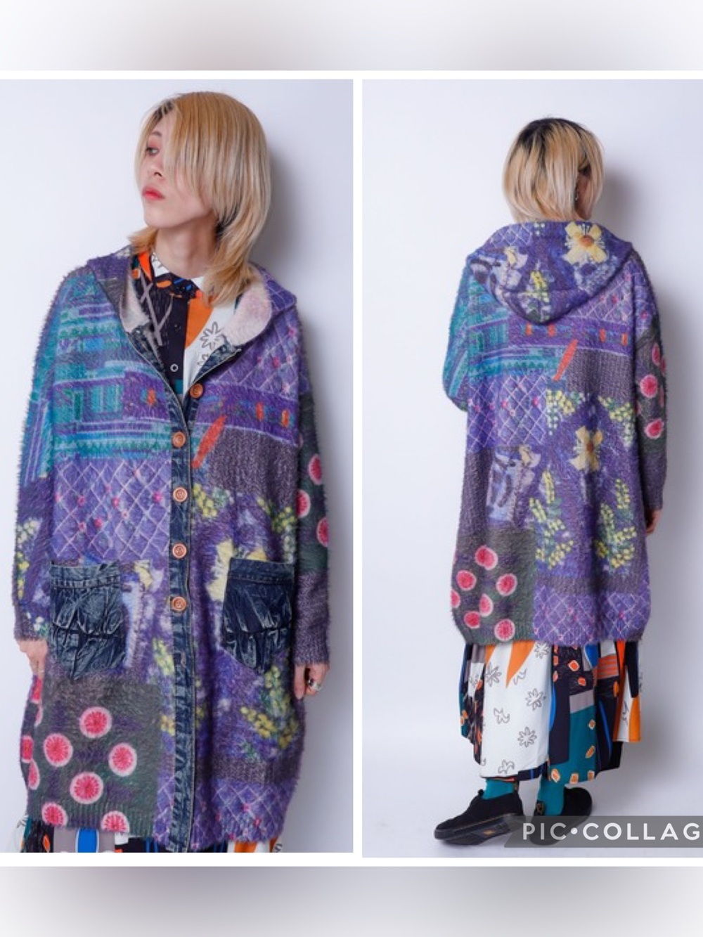 Rovtski Oversized Mixed Media Hooded Shaggy Sweater Coat Denim Trim OS